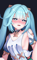1girl aqua_hair black_background blush breasts choker clothing_cutout detached_sleeves ewaaawa faruzan_(genshin_impact) genshin_impact green_eyes hair_ornament hairclip heart heart-shaped_pupils highres leg_up long_hair looking_up medium_breasts no_bra nose_blush open_mouth shirt short_sleeves shoulder_cutout sideboob simple_background sleeveless sleeveless_shirt smile solo symbol-shaped_pupils twintails upper_body white_choker white_shirt x_hair_ornament