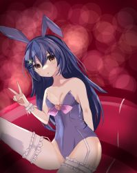 1girl absurdres animal_ears blue_hair bow bowtie breasts brown_eyes card casino catssoft1 clover_hair_ornament date_a_live detached_collar fake_animal_ears four-leaf_clover_hair_ornament garter_straps genderswap genderswap_(mtf) hair_ornament highres itsuka_shiori leotard medium_breasts playboy_bunny rabbit_ears self-upload solo strapless strapless_leotard thighhighs v wrist_cuffs