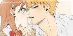 Rule 34 | 1boy, 1girl, bleach, blush, bow, brown eyes, brown hair, cardigan vest, collared shirt, food, hetero, highres, imminent pocky kiss, karakura high school uniform, kurosaki ichigo, lips, long hair, looking at another, n (nauki 11), orange hair, pocky, portrait, red bow, school uniform, shirt, short hair, spiked hair, teeth, upper teeth only, white shirt