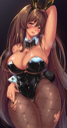 1girl absurdres animal_ears arm_up armpits black_background black_leotard black_nails breasts brown_eyes brown_hair chu.n cleavage commentary fake_animal_ears fake_tail fishnet_pantyhose fishnets goddess_of_victory:_nikke highres large_breasts leotard long_hair looking_at_viewer noir_(nikke) pantyhose playboy_bunny rabbit_ears rabbit_tail solo tail torn_clothes torn_pantyhose very_long_hair
