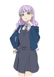 1girl 3: absurdres blue_jacket blunt_bangs braid clenched_hand closed_mouth collared_shirt commentary_request cowboy_shot dress dress_shirt frown fujimiz green_eyes grey_dress hand_on_own_hip highres jacket long_hair long_sleeves looking_at_viewer love_live! love_live!_superstar!! neck_ribbon open_clothes open_jacket pleated_dress purple_hair red_ribbon ribbon school_uniform shirt short_dress side_braids simple_background solo wavy_hair white_background white_shirt wien_margarete winter_uniform yuigaoka_school_uniform