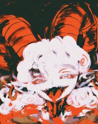 1girl absurdres blood blood_on_mouth bright_pupils colored_sclera curly_hair earrings goat_horns highres horizontal_pupils horns jewelry pointy_ears rectangular_pupils red_horns red_sclera sharp_teeth smile teeth tongue tongue_out touhou toutetsu_yuuma white_hair white_pupils yukama_(blackwaltz)