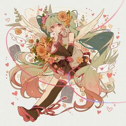 1girl absurdres angel_wings aqua_eyes aqua_hair artist_name asymmetrical_footwear bare_shoulders black_boots black_skirt black_sleeves boots bouquet bow_print chinese_commentary collared_shirt commentary_request dated detached_sleeves dot_nose envelope feathered_wings flower full_body gradient_eyes gradient_hair grey_background grey_shirt hair_flower hair_ornament happy hatsune_miku heart heart_of_string highres holding holding_bouquet holding_envelope lace lace-trimmed_shirt lace-trimmed_skirt lace-trimmed_sleeves lace_trim long_hair long_sleeves looking_at_viewer miniskirt multicolored_eyes multicolored_hair necktie open_mouth outline pink_eyes pink_flower pink_hair pink_necktie pleated_skirt ribbon-trimmed_shirt ribbon_trim shirt single_bare_leg skirt sleeveless sleeveless_shirt smile solo spoken_heart star_(symbol) sunflower thigh_boots twintails very_long_hair vocaloid white_outline white_wings wide_sleeves wings yellow_flower z6