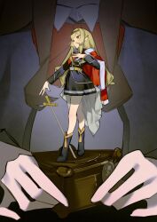 2girls black_footwear blonde_hair boots epaulettes figure fur-trimmed_jacket fur_trim grey_skirt hairband highres jacket jacket_on_shoulders long_hair mashumaro_gui multiple_girls music_box planted planted_sword planted_weapon pleated_skirt saijou_claudine shoujo_kageki_revue_starlight skirt sword tendou_maya uniform weapon