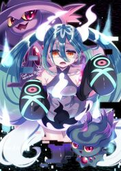 1girl 2others bare_shoulders blue_hair breasts collarbone detached_sleeves doroshii dress gen_2_pokemon gen_4_pokemon ghost ghost_girl ghost_miku_(project_voltage) glitch grey_dress hair_between_eyes hair_ornament halloween hat hatsune_miku highres jewelry long_hair long_sleeves looking_at_viewer medium_breasts misdreavus mismagius multiple_others necklace nintendo official_alternate_costume official_alternate_hairstyle open_mouth pokemon pokemon_(creature) project_voltage red_eyes sleeves_past_wrists twintails very_long_hair vocaloid witch_hat yellow_eyes