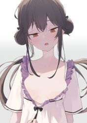 1girl 1other abae blush breasts character_request check_character check_copyright clothes_pull commentary copyright_request double_bun eyelashes frills gradient_background green_ribbon hair_between_eyes hair_bun hair_ribbon half-closed_eyes heart heart-shaped_pupils highres lily_bloomerchen long_hair medium_breasts open_mouth orange_eyes pulling_another&#039;s_clothes ribbon short_sleeves sidelocks simple_background solo solo_focus soulworker symbol-shaped_pupils twintails upper_body