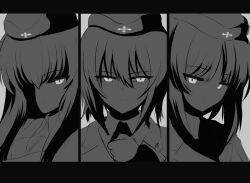 Rule 34 | 3girls, aikir (jml5160), close-up, cross, girls und panzer, glowing, glowing eyes, greyscale, hat, highres, holding, iron cross, itsumi erika, kuromorimine military uniform, looking at viewer, medium hair, military hat, monochrome, multiple girls, nishizumi maho, nishizumi miho, serious, short hair
