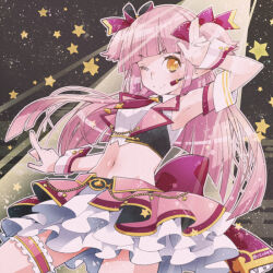 1girl alternate_costume armlet asahi_(dq10) belt blunt_bangs blunt_ends bow breasts colored_skin commentary_request cowboy_shot cropped cropped_shirt dragon_quest dragon_quest_x fairy_wings frilled_garter_belt frilled_skirt frills garter_belt gold_trim hair_bow idol idol_clothes index_finger_raised jewelry long_hair midriff multicolored_skirt navel necktie one_eye_closed pink_bow pink_garter_belt pink_hair pink_necktie pink_skin pink_skirt pink_theme pink_trim pointy_ears salute shirt short_twintails skirt sleeveless sleeveless_shirt small_breasts solo spotlight star_(symbol) twintails two-finger_salute utsubushi_satsuki white_skirt wings wireless_microphone wrist_cuffs yellow_eyes