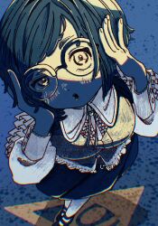 1girl blue_theme collared_shirt commentary_request frilled_shirt frilled_sleeves frills from_above fukurai_azami full_body glasses half-closed_eye hands_on_own_head highres jirou_(jiro5221) limited_palette long_sleeves looking_at_viewer open_mouth pantyhose puffy_long_sleeves puffy_sleeves semi-rimless_eyewear shirt shoes short_hair skirt solo standing toshi_densetsu_kaitai_center triangle uneven_eyes