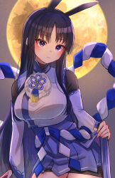 1girl absurdres animal_ears assault_lily black_hair black_hairband black_shirt blue_hakama blue_skirt blush breasts closed_mouth commentary cowboy_shot detached_sleeves fake_animal_ears fingernails flower_knot full_moon hairband hakama hakama_short_skirt hakama_skirt high-waist_skirt highres japanese_clothes large_breasts layered_sleeves long_hair looking_at_viewer moon night official_alternate_costume outdoors pom_pom_(clothes) purple_eyes rabbit_ears rope shimenawa shirai_yuyu shirt sidelocks skirt sleeveless sleeveless_shirt solo standing star_(sky) tassel undershirt white_shirt wide_sleeves yozakurayuyu