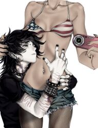 1boy 1girl absurdres american_flag american_flag_print bikini bikini_top_only black_hair black_shirt bracelet breasts bruise camera collar commentary denim denim_shorts digital_camera emo_fashion english_commentary fishnet_pantyhose fishnets flag_print hand_on_another&#039;s_waist head_out_of_frame highres holding holding_camera injury jewelry kidutuskone navel_piercing original pale_skin pantyhose piercing redrawn self-harm_scar shirt short_hair short_sleeves shorts simple_background skinny sony spiked_bracelet spiked_collar spikes studded_bracelet swimsuit tan white_background