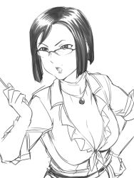 Rule 34 | 1girl, breasts, cleavage, collared shirt, commentary request, female focus, glasses, greyscale, hand on own hip, jewelry, medium breasts, monochrome, pendant, shirt, short hair, simple background, sketch, sleeves rolled up, solo, takakura naoko, tari tari, teacher, ueyama michirou, upper body, white background