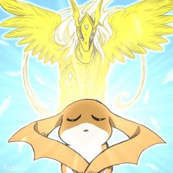 armor closed_eyes digimon digimon_(creature) digimon_adventure_02 feathers gauntlets hooves looking_up mask patamon pegasmon pegasmon wing wings