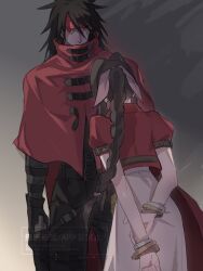1boy 1girl aerith_gainsborough arms_behind_back bangle belt black_gloves black_hair black_pants black_shirt bracelet braid braided_ponytail brown_hair cloak cowboy_shot cropped_jacket dress final_fantasy final_fantasy_vii final_fantasy_vii_rebirth final_fantasy_vii_remake gloves grey_background hair_between_eyes hair_ribbon headband highres holster jacket jewelry long_dress long_hair looking_at_another multiple_belts pants parted_bangs pink_dress pink_ribbon puffy_short_sleeves puffy_sleeves red_cloak red_headband red_jacket ribbon shirt short_sleeves sidelocks single_braid thigh_holster vani_(hisha_04) vincent_valentine