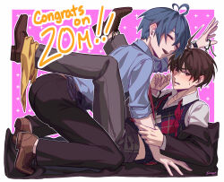 2boys ahegao argyle_clothes argyle_sweater argyle_sweater_vest black_pants blue_hair blue_shirt blush bow bowtie brown_hair brown_shoes closed_eyes commentary confessions_of_a_rotten_girl_(vocaloid) english_commentary english_text grey_pants gym_teacher heart heart-shaped_hair highres hiyama_kiyoteru hiyama_kiyoteru_(natural) holding holding_removed_eyewear jacket kaito_(vocaloid) milestone_celebration multiple_boys open_mouth pants shirt shoes short_hair smile solcyonn sweater sweater_vest unworn_eyewear vocaloid watch wristwatch yaoi