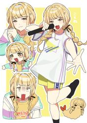 +_+ 1girl :3 black_socks blonde_hair blush_stickers bow braid chibi closed_mouth fang food fujita_kotone gakuen_idolmaster gloom_(expression) hair_bow hair_ornament hairclip highres holding holding_microphone idolmaster jacket long_hair microphone multiple_views no_shoes oekakikujira open_mouth outstretched_arms own_hands_together shirt short_sleeves shorts shrimp shrimp_tempura smile socks standing standing_on_one_leg tempura twin_braids v-shaped_eyebrows white_shirt yellow_eyes yellow_shirt yellow_shorts