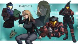 1girl armor assault_rifle blank_stare blonde_hair blue_eyes character_name futuristic_weapon gun halo_(series) hand_on_own_head handgun headache highres holding holding_gun holding_weapon long_hair machine_gun red_armor rifle screen screen_light shaded_face shoulder_armor soldier spartan_(halo) stuffed_animal stuffed_toy teddy_bear texd41 warrior weapon yellow_visor