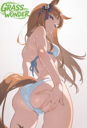 1girl absurdres alternate_costume animal_ears ass bikini character_name grabbing_own_ass grass_wonder_(umamusume) highres horse_ears horse_girl horse_tail kisaragi_shokuin simple_background solo swimsuit tail umamusume white_background white_bikini