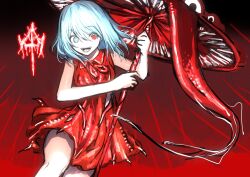 Rule 34 | 1girl, alternate costume, blue eyes, blue hair, cerevevisiae, commentary, dress, feet out of frame, heterochromia, highres, karakasa obake, looking at viewer, open mouth, red background, red dress, red eyes, red umbrella, short hair, sleeveless, sleeveless dress, solo, tatara kogasa, tongue, touhou, umbrella