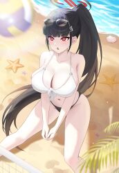 1girl absurdres bare_shoulders beach bikini black_bikini black_hair blue_archive blunt_bangs blush breasts cleavage commentary_request hair_ornament hairclip halo highres large_breasts long_hair navel naze236 ocean open_mouth ponytail red_eyes ringed_eyes rio_(blue_archive) seashell shell solo sunglasses swimsuit very_long_hair volleyball volleyball_net white_bikini