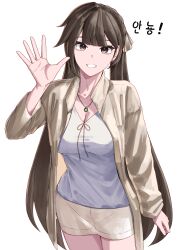 1girl :d absurdres breasts brown_coat brown_eyes brown_hair brown_skirt cleavage coat earrings grin highres honkai_(series) honkai_impact_3rd jewelry large_breasts li_sushang long_hair looking_at_viewer necklace open_mouth pyeong_il shirt simple_background skirt smile solo translated white_background white_shirt