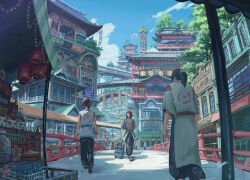 Rule 34 | 1girl, 2boys, absurdres, architecture, banner, black hair, blue sky, bridge, building, chinese clothes, city, cityscape, cloud, day, east asian architecture, highres, lantern, multiple boys, original, outdoors, pants, paper lantern, people, ponytail, railing, road, rolling suitcase, ryon40716441, scenery, shop, short hair, sign, signature, sky, street, suitcase, tree, walking