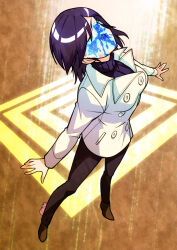 1girl aradia_(megami_tensei) black_hair black_pants coat commission demon_(megami_tensei) faceless faceless_female facial_tattoo full_body highres inkblot jacket light_particles pants pixiv_commission saika_(pixiv43370196) shin_megami_tensei shin_megami_tensei_iii:_nocturne shoes short_hair signature simple_background solo square sunlight sweater takao_yuko tattoo turtleneck turtleneck_sweater white_coat white_jacket yellow_background