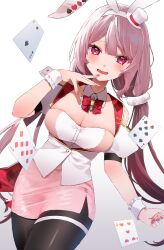 1girl animal_ears black_pantyhose blush breasts card cleavage detached_collar fake_animal_ears hand_on_own_chin hat highres large_breasts leotard long_hair looking_at_viewer low_twintails mini_hat mini_top_hat momifa2 nijisanji pantyhose pink_eyes pink_hair pink_nails playboy_bunny playing_card rabbit_ears shiina_yuika shiina_yuika_(12th_costume) smile solo top_hat twintails very_long_hair virtual_youtuber wrist_cuffs