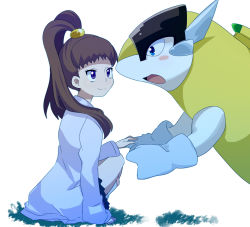 10s 1girl :d amano_nene_(digimon_xros_wars) bad_id bad_pixiv_id blush_stickers brown_hair derivative_work digimon digimon_(creature) digimon_xros_wars high_ponytail long_hair open_mouth ponytail purple_eyes sendou sitting smile sparrowmon split_ponytail vector_trace