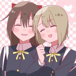 2girls bag black_jacket blush bob_cut bow brown_hair checkered_background collared_shirt grid_background hair_between_eyes hair_bow haruruhaharur heart highres jacket locked_arms long_hair love_live! love_live!_nijigasaki_high_school_idol_club multiple_girls nakasu_kasumi neck_ribbon nijigasaki_school_uniform open_mouth osaka_shizuku red_bow ribbon school_bag school_uniform shirt short_hair sidelocks smile upper_body white_shirt winter_uniform yellow_ribbon yuri