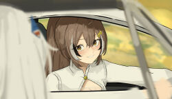 2girls absurdres ahoge azura_(azuart0) blurry brown_eyes brown_hair car cleavage_cutout clothing_cutout commentary crossed_bangs depth_of_field double-parted_bangs driving english_commentary fast_&amp;_furious fast_&amp;_furious furious_7 gawr_gura grin hair_between_eyes high_collar highres hololive hololive_english long_sleeves looking_at_another motion_blur motor_vehicle multicolored_hair multiple_girls nanashi_mumei outstretched_arm ponytail puffy_long_sleeves puffy_sleeves shirt smile solo_focus streaked_hair the_last_ride_(furious_7) virtual_youtuber white_shirt