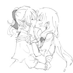 2girls blush closed_eyes commentary_request earrings genshin_impact greyscale hand_on_another&#039;s_face hands_on_another&#039;s_back jean_(genshin_impact) jewelry kiss lisa_(genshin_impact) long_hair monochrome multiple_girls ponytail yumiluna25 yuri
