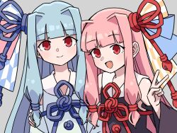 2girls bare_shoulders blue_hair closed_mouth fang highres kotonoha_akane kotonoha_aoi looking_at_viewer multiple_girls niboshi_917 open_mouth red_eyes red_hair siblings sisters smile v voiceroid
