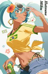 1girl absurdres bangle bikini bikini_under_clothes black_bikini blue_eyes blue_hair bracelet brazilian_flag brazilian_miku breasts can character_name closed_mouth commentary dark-skinned_female dark_skin denim denim_shorts earrings eyewear_on_head flower flower_symbol green_nails guarana_antarctica hair_flower hair_ornament hatsune_miku hibiscus highres holding holding_can jewelry long_hair medium_breasts midriff musical_note nail_polish one_eye_closed red_flower shirt short_shorts shorts side-tie_bikini_bottom simple_background solo stomach sunglasses swimsuit symbol-only_commentary twitter_username vocaloid yellow_nails yellow_shirt zikko_100