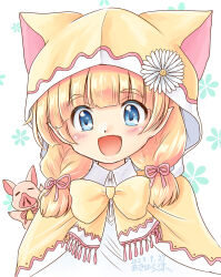 Rule 34 | 1girl, akihara ryou, animal ear headwear, blonde hair, blue eyes, fake animal ears, fam valhoef, flower, hair flower, hair ornament, highres, hood, iris mysteria!, looking at viewer, pet, pig, pointy ears, ribbon, smile, upper body, yellow hood, yellow ribbon