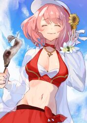 1girl absurdres bikini bikini_skirt blush breasts choker cleavage closed_eyes closed_mouth eating fire_emblem fire_emblem_engage fire_emblem_heroes fish fish_(food) flat_cap flower hat highres holding jacket jewelry lapis_(fire_emblem) lapis_(forager_of_the_sea)_(fire_emblem) medium_breasts multicolored_bikini nanashi_kuno navel necklace nintendo official_alternate_costume pink_hair red_bikini red_skirt see-through_clothes see-through_jacket short_hair skirt smile solo stomach sunflower swimsuit two-tone_hat white_hat white_jacket