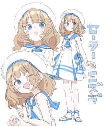 Rule 34 | 1girl, :d, absurdres, beret, blue eyes, blue sailor collar, blush, brown hair, hat, highres, idolmaster, idolmaster million live!, medium hair, meeeeeeco359, one eye closed, open mouth, sailor collar, sailor swimsuit (idolmaster), sandals, simple background, smile, suou momoko, wavy hair, white background