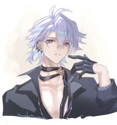 1boy antenna_hair artist_name black_gloves black_shirt blue_eyes gloves half_gloves highres honkai:_star_rail honkai_(series) long_sleeves looking_at_viewer male_focus official_alternate_costume pectoral_cleavage pectorals phainon_(honkai:_star_rail) ponytail shirt short_hair solo tanemaki_monaka white_hair
