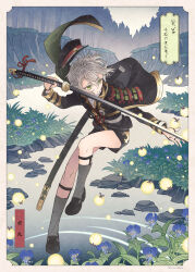1boy :o armor black_capelet black_hat black_jacket black_shoes black_shorts black_sleeves blue_flower border capelet double-parted_bangs fighting_stance fireflies floating_clothes floating_hair flower forest full_body grass grey_hair grey_socks hand_to_blade hat highres hotarumaru inset_border jacket japanese_armor kneehighs legwear_garter long_sleeves looking_to_the_side male_focus military_uniform nature ootachi outdoors parted_lips peaked_cap red_rope rope scabbard sheath shoes short_hair shorts shoulder_armor signature socks sode solo standing standing_on_liquid standing_on_one_leg suzuneko-rin touken_ranbu tree water white_border yellow_eyes