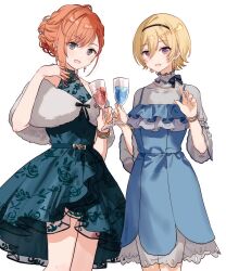 2girls arisugawa_natsuha bare_shoulders blonde_hair blue_dress blush braid brown_nails covered_collarbone cow cowboy_shot cup double-parted_bangs dress drinking_glass fang fur_shawl grey_eyes hair_between_eyes hairband hands_up highres holding holding_cup idolmaster idolmaster_shiny_colors jewelry looking_at_viewer migolu multiple_girls necklace open_mouth orange_hair pearl_necklace purple_eyes saijo_juri see-through_clothes see-through_sleeves shawl short_hair simple_background single_braid sleeveless sleeveless_dress white_background wine_glass