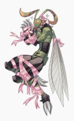 Rule 34 | !?, bug, colored skin, confeito000 333, digimon, digimon (creature), green skin, highres, insect wings, pink ribbon, red eyes, restrained, ribbon, simple background, stingmon, white background, wings