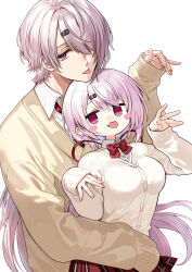 1boy 1girl :p blush_stickers bow bowtie breasts cardigan chin_rest collared_shirt commentary dress_shirt dual_persona fingernails front-to-back genderswap genderswap_(ftm) ghost_pose hair_ornament hair_over_one_eye hand_on_another&#039;s_stomach hand_up hands_up hashtag-only_commentary head_on_head head_rest height_difference highres long_hair long_sleeves looking_at_viewer looking_to_the_side low_ponytail medium_breasts miniskirt minotaur_plate nijisanji no_pupils one_eye_covered pink_eyes pink_hair plaid_clothes plaid_skirt ponytail red_bow red_bowtie red_skirt school_uniform shiina_shii shiina_yuika shiina_yuika_(1st_costume) shirt simple_background single_sleeve_past_fingers single_sleeve_past_wrist skirt sleeves_past_wrists symbol-only_commentary tongue tongue_out upper_body virtual_youtuber white_background white_cardigan white_shirt wing_collar winter_uniform yellow_cardigan