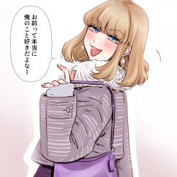 Rule 34 | 1boy, bag, blonde hair, blue eyes, commentary, crossdressing, earrings, fur trim, gradient background, grey jacket, handbag, jacket, jewelry, lipstick, looking at viewer, makeup, male focus, medium hair, original, pearl earrings, seira (yuki touko), simple background, smug, speech bubble, translated, trap, yuki touko
