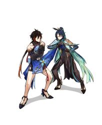 1boy 2girls aged_down bare_shoulders black_hair blue_hair bodystocking brown_hair carrying carrying_person child clothes_grab cosplay detached_sleeves faceless faceless_female faceless_male ganyu_(genshin_impact) ganyu_(genshin_impact)_(cosplay) ganyu_(twilight_blossom)_(genshin_impact) genshin_impact glasses gloves green_hair high_heels highres horns legs_apart long_hair multicolored_hair multiple_girls red-framed_eyewear semi-rimless_eyewear standing two-tone_hair under-rim_eyewear very_long_hair xianyun_(genshin_impact) yuka_(pixiv38407039) zhongli_(genshin_impact)