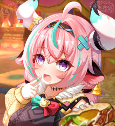 1girl absurdres ahoge animal_ears aqua_hair bell blush chinese_commentary commentary_request cow_ears cow_girl cow_horns cowbell ear_bell finger_to_mouth fingernails food genshin_impact hair_between_eyes highres holding holding_food horns huixingbietuchongji long_hair multicolored_hair open_mouth pink_hair purple_eyes solo streaked_hair upper_body varesa_(genshin_impact) watermark