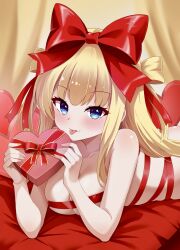 1girl :p beatmania_iidx bemani blonde_hair blue_eyes blush bow box box_of_chocolates breasts commentary_request hair_bow heart-shaped_box highres himmel_(beatmania_iidx) holding holding_box large_bow large_breasts long_hair looking_at_viewer lying naked_ribbon on_stomach raimu_(clanberry000) red_bow ribbon solo tongue tongue_out