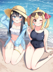 2girls :d ahoge arm_support arm_up bare_arms bare_legs bare_shoulders barefoot beach between_legs bikini bikini_under_clothes black-framed_eyewear black_hair black_one-piece_swimsuit blonde_hair blue_eyes blue_jacket blush breasts brown-tinted_eyewear brown_eyes brown_hair collarbone commentary_request day eyewear_on_head food frilled_bikini frills hair_ornament hair_ribbon hairclip hand_between_legs hand_on_headwear hat highres holding holding_food hood hood_down hooded_jacket jacket long_hair long_sleeves looking_at_viewer mahoutsukai_rose_no_sado_life mai_(mahoutsukai_rose_no_sado_life) medium_breasts multiple_girls navel ominaeshi_(takenoko) one-piece_swimsuit open_clothes open_jacket open_mouth outdoors puffy_long_sleeves puffy_sleeves red_ribbon ribbon rose_(mahoutsukai_rose_no_sado_life) sample_watermark sand sidelocks sitting sleeves_past_wrists small_breasts smile straw_hat sunglasses swimsuit thigh_gap thigh_strap tinted_eyewear twintails very_long_hair wariza water watermark white_bikini