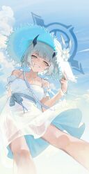 1girl absurdres bare_shoulders blue_archive demon_girl demon_horns dress flower from_below grin hat hat_flower highres holding holding_unworn_clothes holding_unworn_hat horns looking_at_viewer medium_hair official_alternate_costume sak6ra see-through_clothes see-through_dress sena_(blue_archive) sena_(casual)_(blue_archive) sidelocks smile sun_hat sundress unworn_hat unworn_headwear wet wet_clothes wet_dress white_dress white_flower white_hair