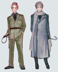 2boys absurdres america_(hetalia) axis_powers_hetalia belt black_belt black_boots black_gloves black_necktie black_shoes blue_shirt boots breast_pocket brown-framed_eyewear brown_hair buttons chewing_gum closed_mouth coat collared_shirt commentary_request full_body glasses gloves green_eyes green_hat green_jacket green_pants grey_hair hand_in_pocket hat highres holding holding_lead_pipe jacket lapels lead_pipe long_sleeves looking_afar looking_at_viewer male_focus military_hat military_jacket military_uniform mini_hat multiple_boys necktie pants pocket purple_coat purple_eyes russia_(hetalia) scarf semi-rimless_eyewear shirt shoes short_hair smile standing suda_(isudayo) white_scarf