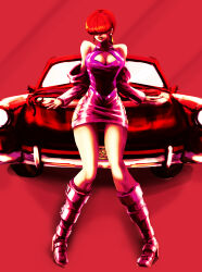 1girl boots breasts car cleavage cleavage_cutout clothing_cutout dress female_focus heel_up huge_breasts ibdinosaur jacket large_breasts long_hair long_sleeves motor_vehicle pale_skin ponytail red_hair shermie_(kof) shiny_clothes sitting skirt smile the_king_of_fighters thick_lips twintails undressing